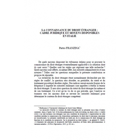 La connaissance du droit étranger : cadre juridique et moyens disponibles en Italie - FRANZINA