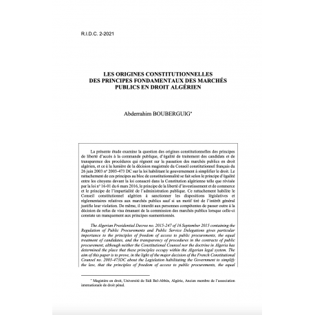 Les origines constitutionnelles des principes fondamentaux des marchés publics en droit algérien - BOUBERGUIG