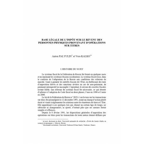Base légale de l'impôt sur le revenu des personnes physiques - Anton PALYULIN et Vera KALKO (version française)