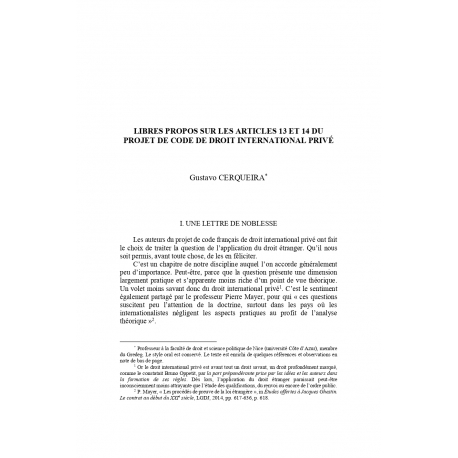 Libres propos sur les articles 13 et 14 du projet de Code de droit international privé - Gustavo CERQUEIRA