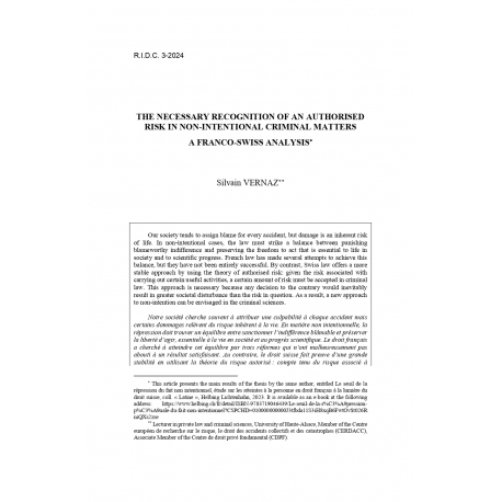 The necessary recognition of an authorised risk in non-intentional criminal matters - VERNAZ