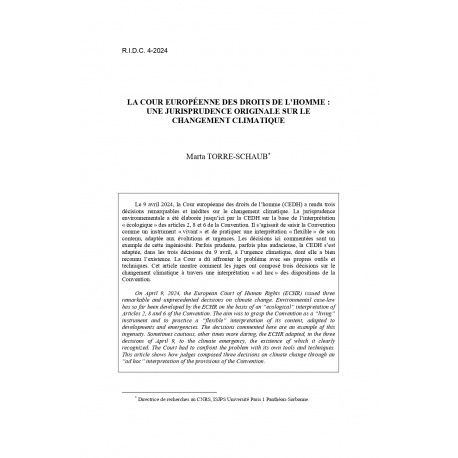 La cour européenne des droits de l'homme : une jurisprudence originale sur le changement climatique - TORRE-SCHAUB