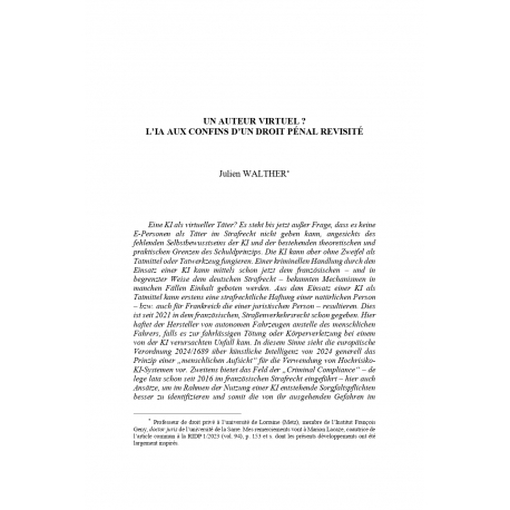 Un auteur virtuel ? L'IA aux confins d'un droit pénal revisité - WALTHER
