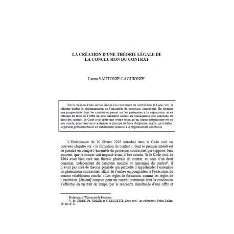 SAUTONIE-LAGUIONIE - La création d'une théorie légale de la conclusion du contrat